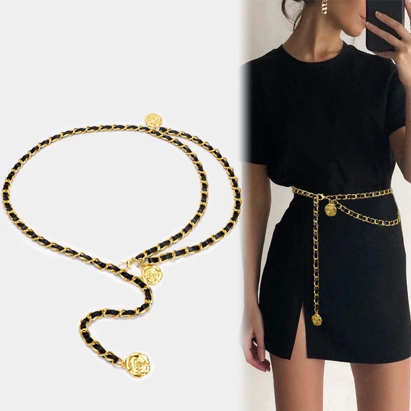 

Vintage Women's Luxury Belt Long Gold Metal Waist Chain Flower Pendant Body Chain Strap Rope for Cinturon y2k Pants Shirts Dress