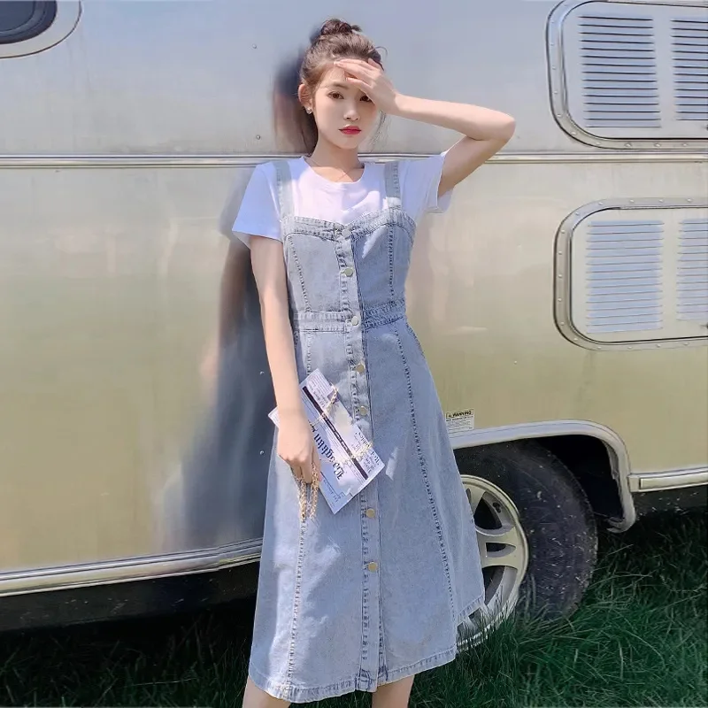 Rok Tali Elastis Wanita Dua Potong Gaun Denim Tali Pengurang Usia Gaya Barat Set Biru Temperamen Pinggang Baru Musim Panas Wanita