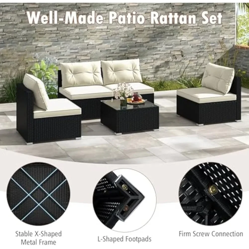 Outdoor Wicker Furniture Set with Seat & Back Cushions, Square Coffee Table, Patio Sectional Sofa Set, 5 Piece Rattan Sofa Set