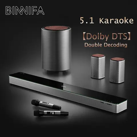 BINNIFA 오디오 스피커 5.1 가라오케 홈 시어터 맥스 7S 돌비 DTS 듀얼 디코딩 사운드바, 후면 서브우퍼 베이스 무선 마이크