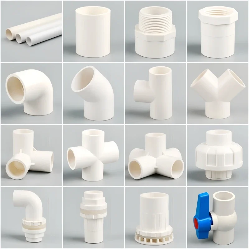 White PVC pipe fittings for aquariums and garden irrigation systems compatible with 20 to 63 mm tubing straight elbows tees and