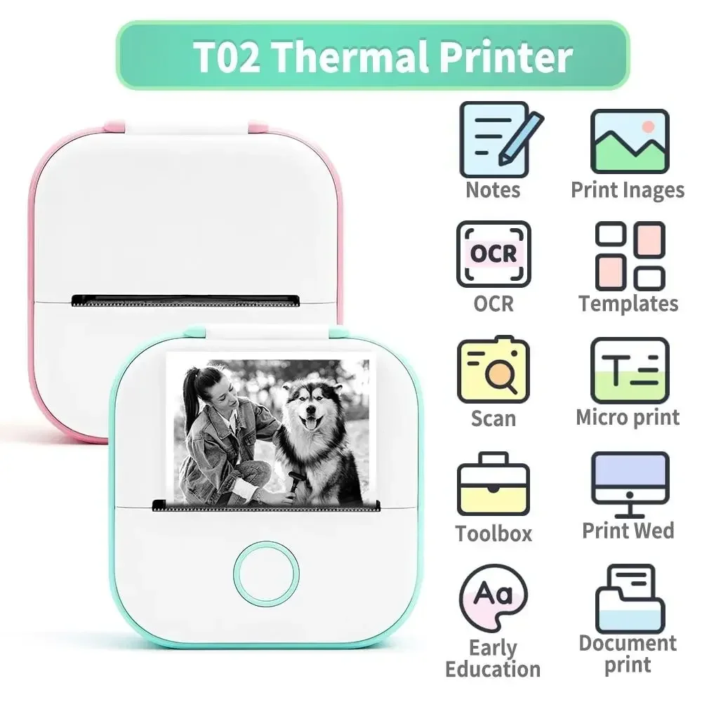 T02 Portable Mini Printer Bluetooth Inkless Thermal Sticker Maker With Roll Paper