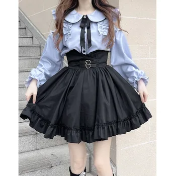 Japon Gotik Lolita JK Etek Setleri Kadın Kawii Peter Pan Yaka Kapalı Omuz Gömlek Mini Etek Harajuku Y2k Okul Kız Takım Elbise