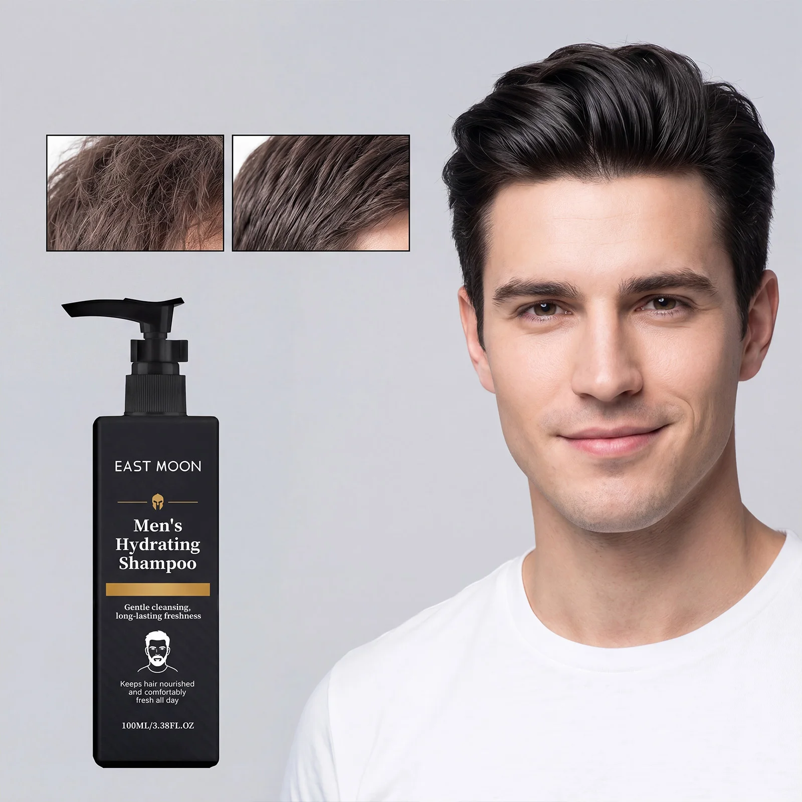 Mens Hydrating Shampoo Gently cleanses scalp and hair follicle, keeps oil under control, leaves hair light, fluffy, and fragrant