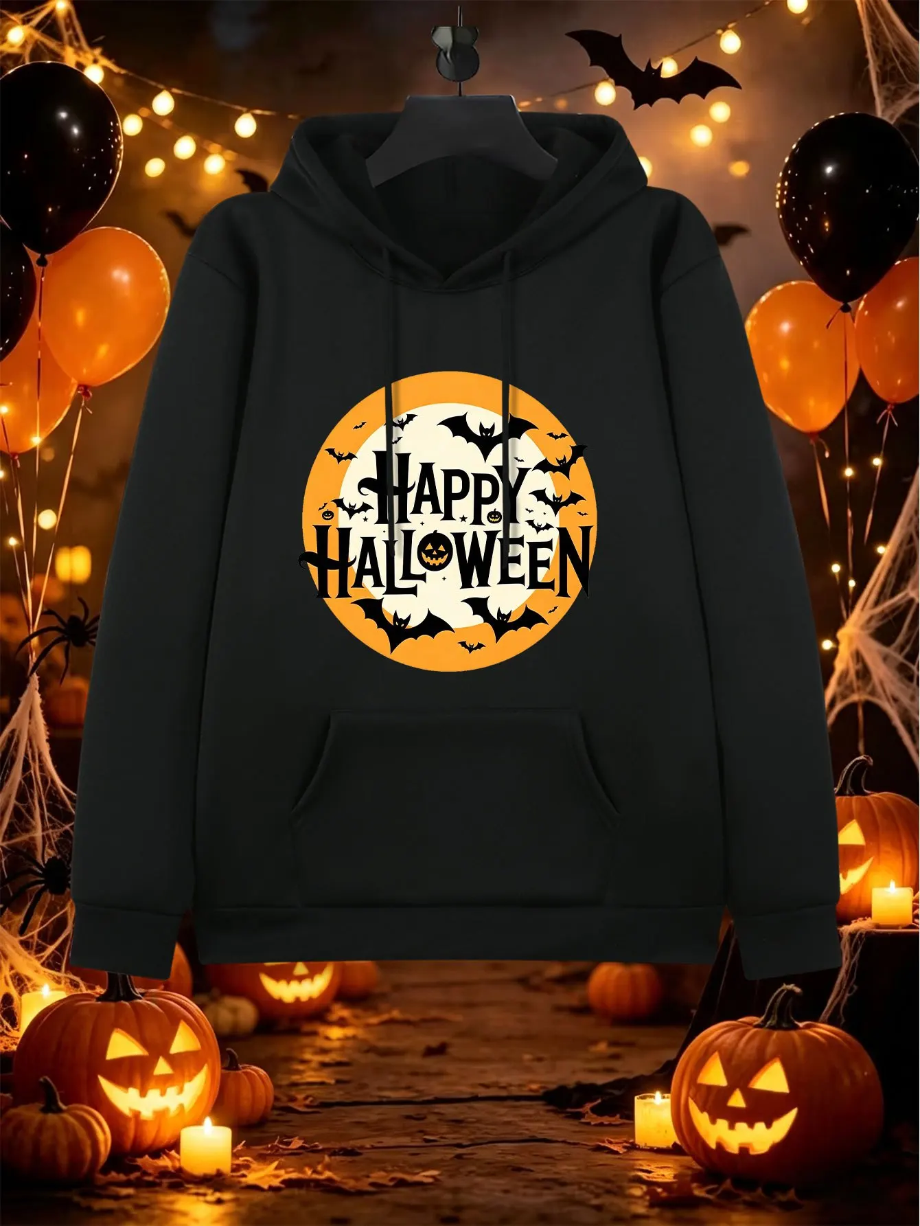 Unisex Halloween Round Letter Bat Pumpkin Print Hoodie, Street Trendy Long Sleeve Top For Commute Fitness Daily Wear S-3XL