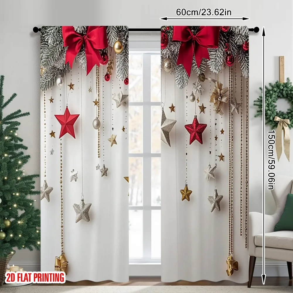 2pcs 2D flat printing High-Quality Christmas Curtains Christmas pine branch Digital Printed Polyester Drapes Festive Holiday