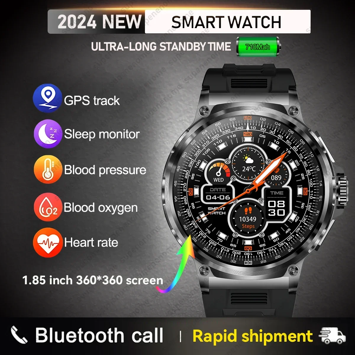 

2024 New Outdoor Sports Fitness GPS Track Smartwatch HD Bluetooth Call 710 mah IP68 Waterproof Blood Pressure Blood Oxygen Watch