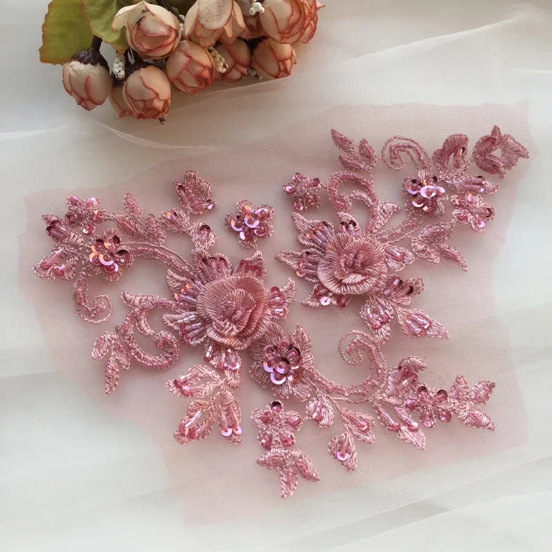 DIY Handmade Beaded Flower Patch, Multicolor Applique, Wedding Dress Accessories, Lace Mending Clothes, RS2048, 4 Pieces/2Pair