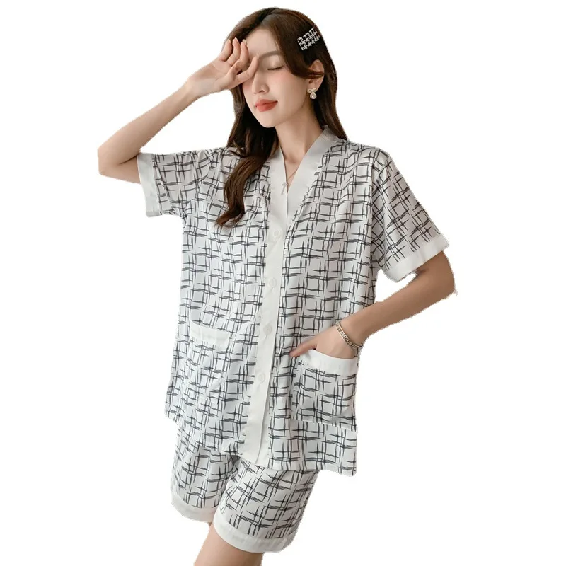 QSROCIO Summer Women\'s Pajamas Set Leopard Square Print V Neck Sleepwear Short Casual Faux Silk Homewear 2pcs Nightie Femme