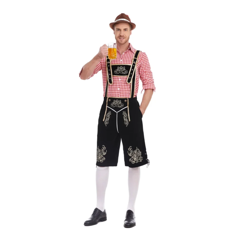 Three-Piece Set Oktoberfest Lederhosen Costume for Men Bavarian German Beer Festivals Suspenders Shirt Hat Male Cosplay Costumes