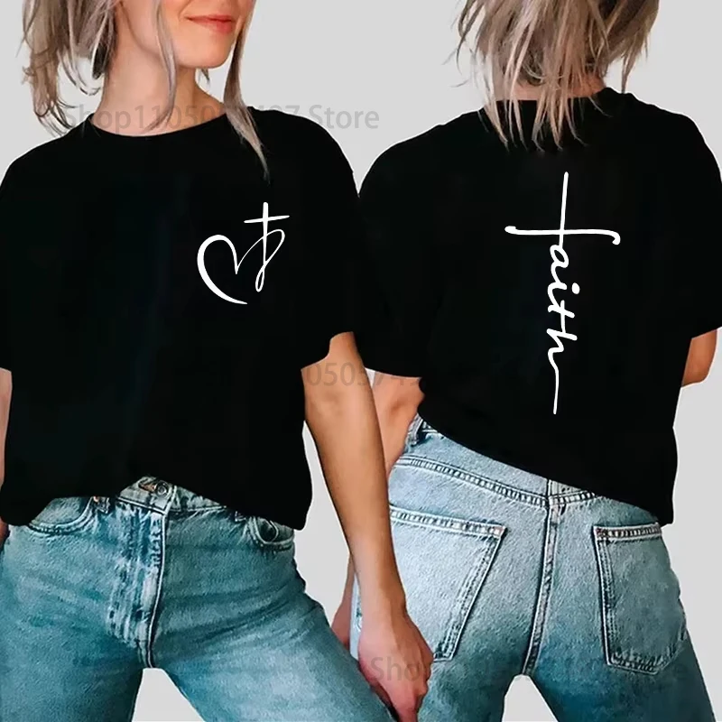 

Women's Heart Cross T-shirt Fashion Faith Jesus Print Female Loose Short Sleeve Classic Pullover Shirts Summer Tee Clothing MEN