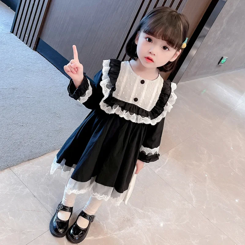 Girls Dress Kids Dresses Autumn Spring 2022 New Long Sleeve Lace Vintage Dress Children Party Dress Vestidos Girls Clothes 2-7Y