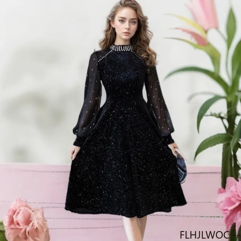 Robe Longue en Velours Noir pour Femme, Tenue Élégante de Soirée, de Nouvel An, Rétro, Vintage, Design Français, Perle Bling