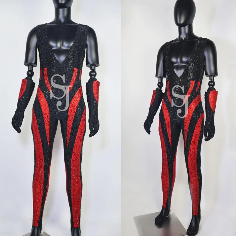 Muscular Man Pole Dance Clothing Red Black Rhinestones Jumpsuit Sexy Gogo Dancer Costumes Ds Dj Stage Outfit Rave Wear XS7487