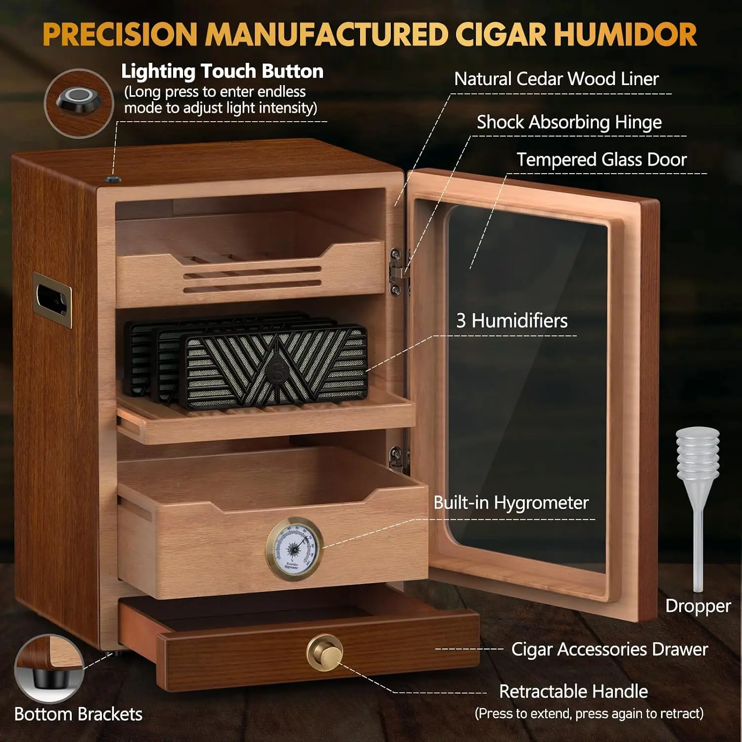 ^For Cigar Humidor, Desktop Cigar Humidor Cabinet Light Control System with Spanish Cedar Wood Shelves, Hygrometer, 3 Humidifier