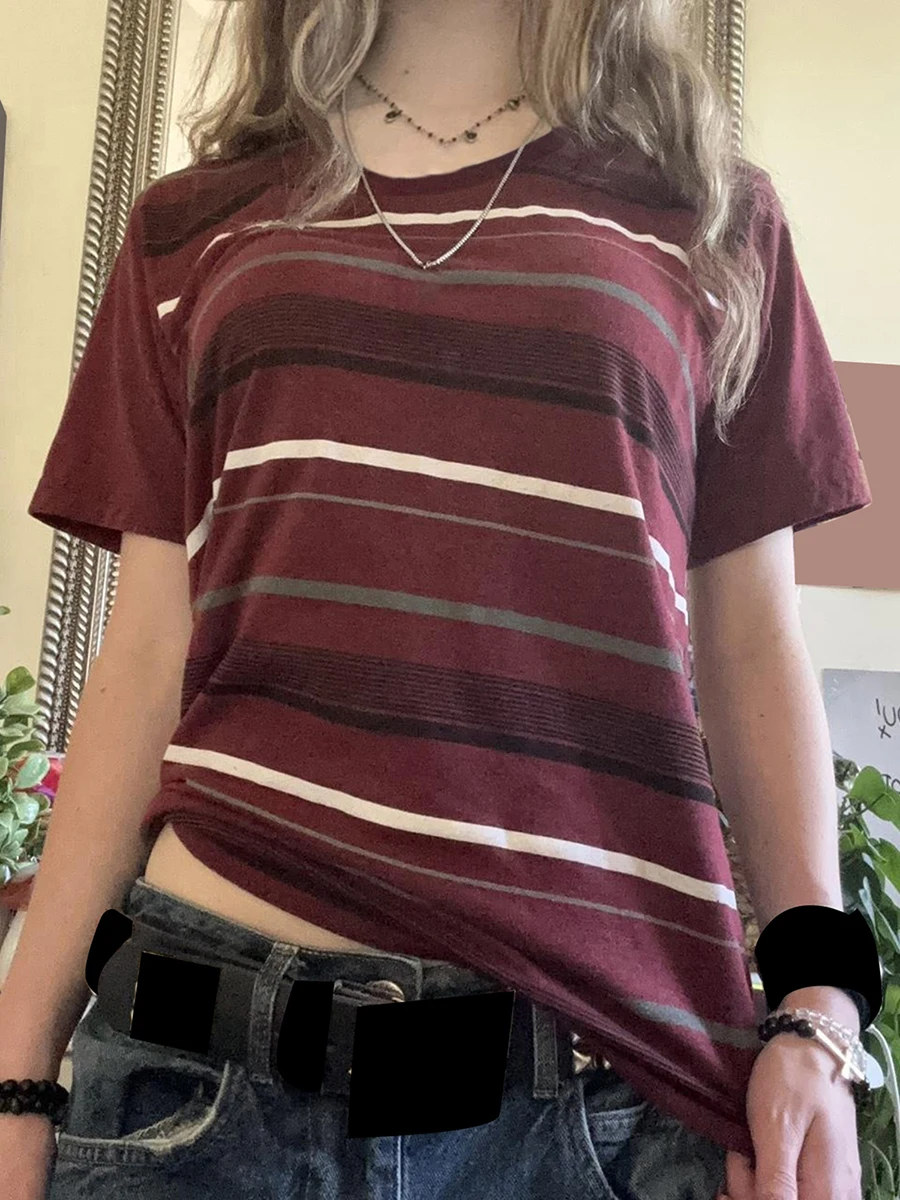 Y2K الجمالية الجنية الجرونج تي شيرت 90s مخطط كم قصير البلوز تيز الجمالية الجرونج القوطية الملابس الشارع الشهير #3