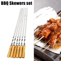 6Pcs Long Handle Shish Kebab Wood BBQ Fork Stainless steel Outdoors Grill Needle Barbecue Grill Stick 55cm 21.65\