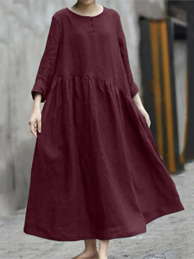 

2024 Spring New Vintage Cotton Linen Dresses Women Casual Irregular Splicing O Neck Solid Color Loose Long Dress Lady Vestidos