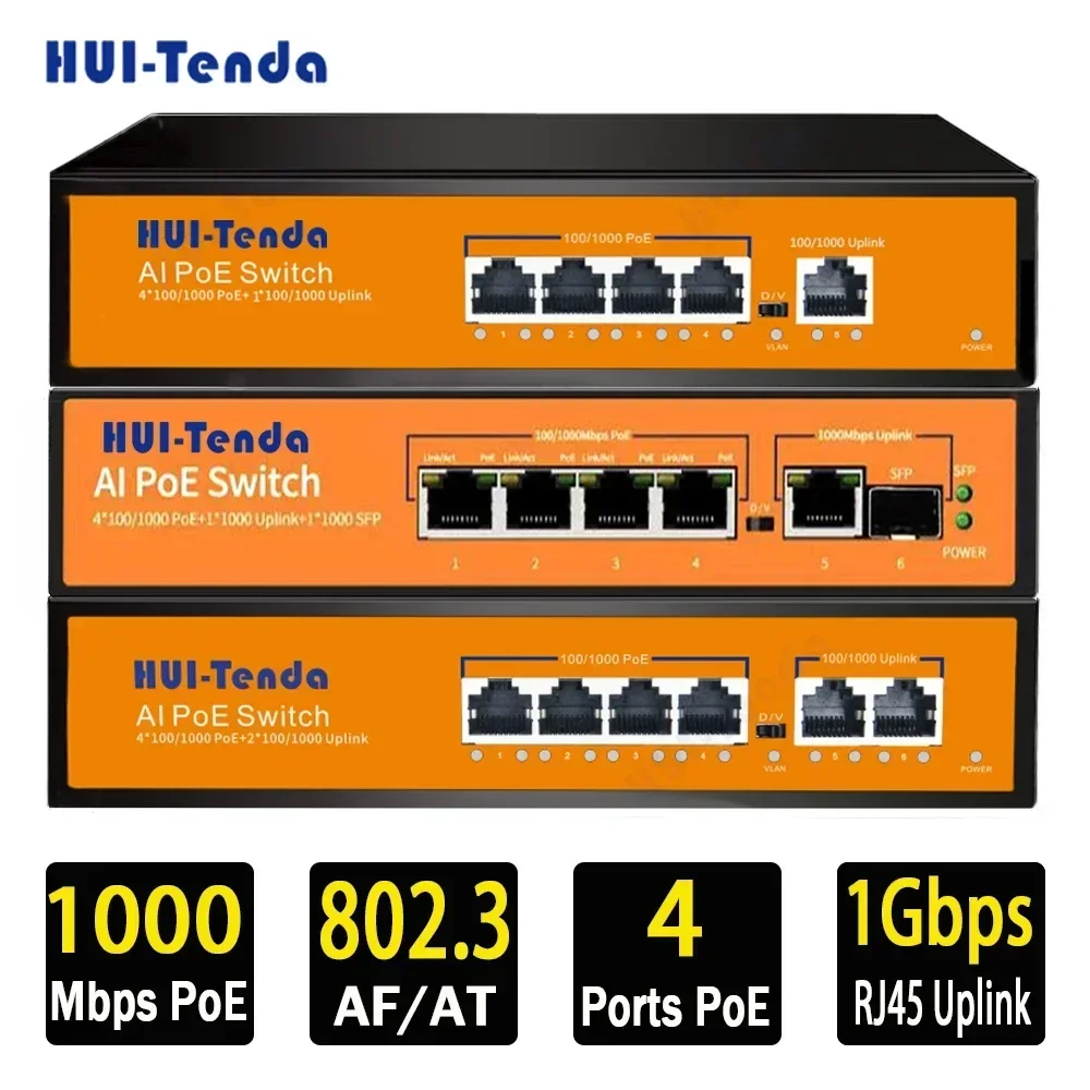 huitenda switch poe gigabit completo fonte de alimentacao integrada rede ethernet switch rj45 para camera ip nvr 100 mbps 1000mbps 65w 01