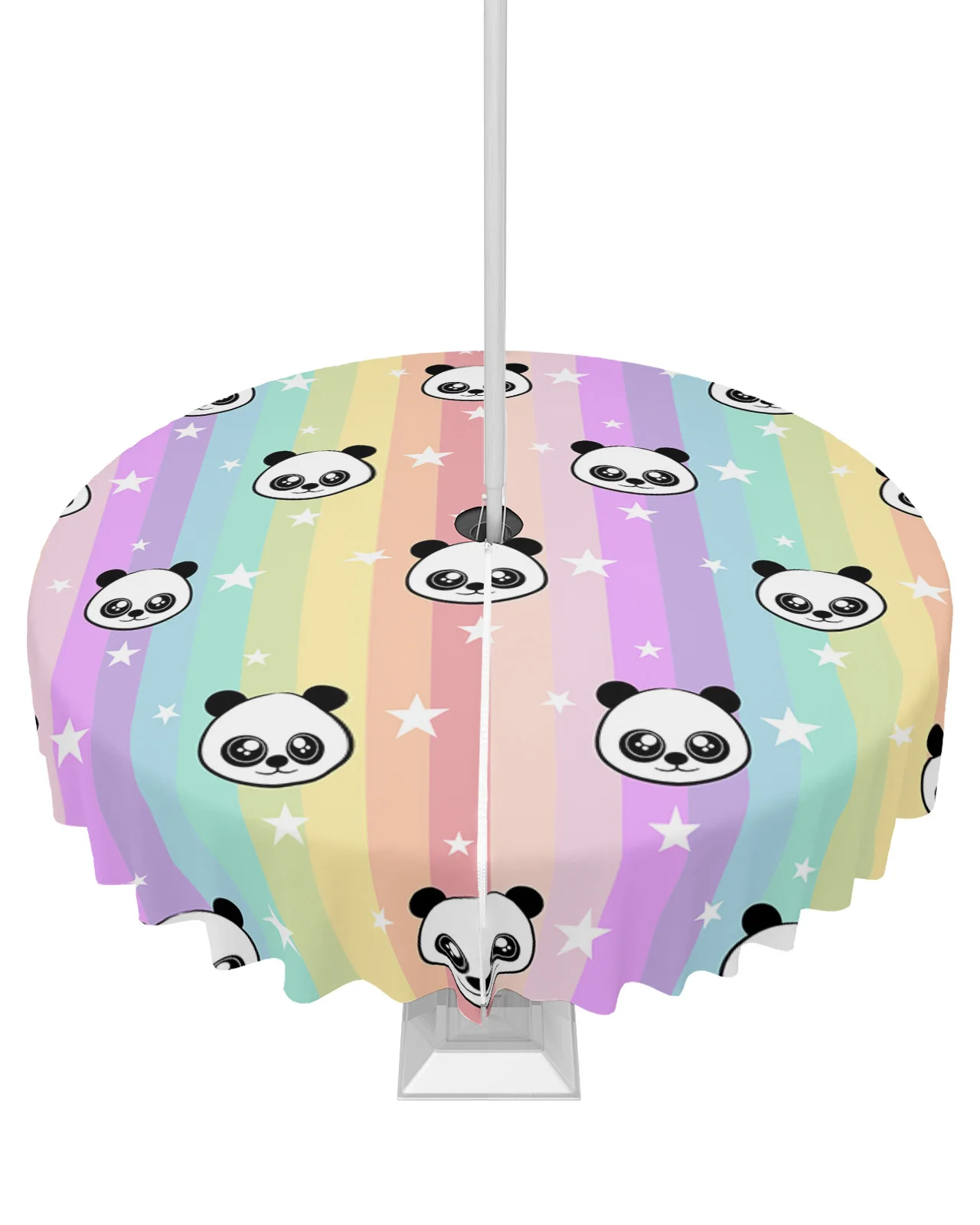 Cartoon Animal Panda Star Rainbow Stripes Outdoor Tablecloth with Umbrella Hole Zippered Waterproof Patio Round Table Cover