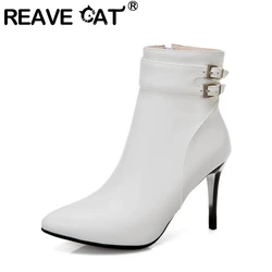 REAVE CAT 2021 Sexy Ankle Boots Lace Up Pointed Toe Thin Heel Short Plush US19 Red Blue Black Yellow White A4513