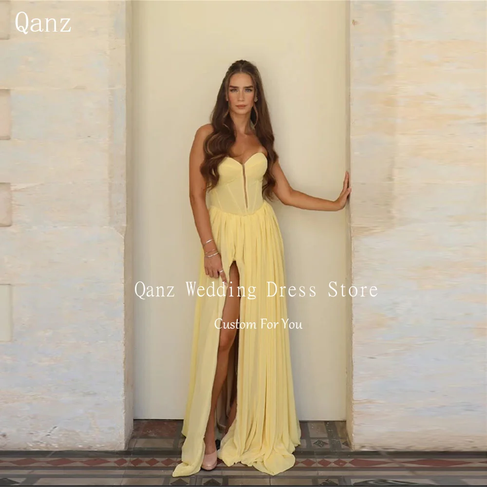 

Qanz Elegant Chiffon Evening Dresses Women Chiffon High Slit Vestidos De Gala Sweetheart Long A Line Robes De Soirée Customized