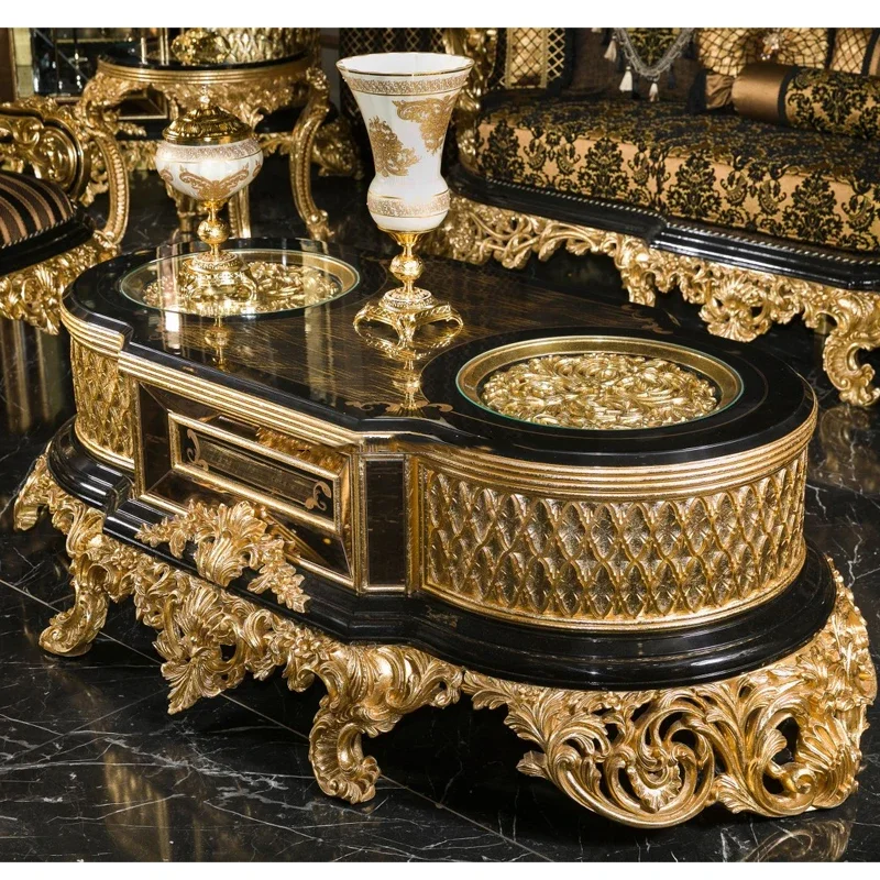 Luxury Antique Traditional Black Gold Classical Baroque Royal Hand Carved sofa set Living Room Furniture Set