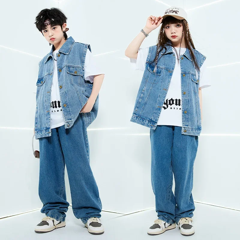 

New Kids Street Dance Costumes Girls Boys Performance Street Wear Cool Hip Hop Denim Clothing Sets Teens Stage Show Kpop Outfits