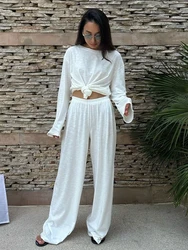 Marthaqiqi Loose Ladies Pajamas 2 Piece Suit O-Neck Sleepwear Long Sleeve Nightgowns Wide Leg Pants Winter Female Nightwear Sets