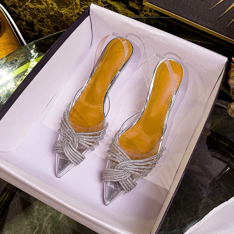 2024 Summer new pointed transparent sparkling rhinestone sandals for women, wearing high heeled slippers on top of the bag
