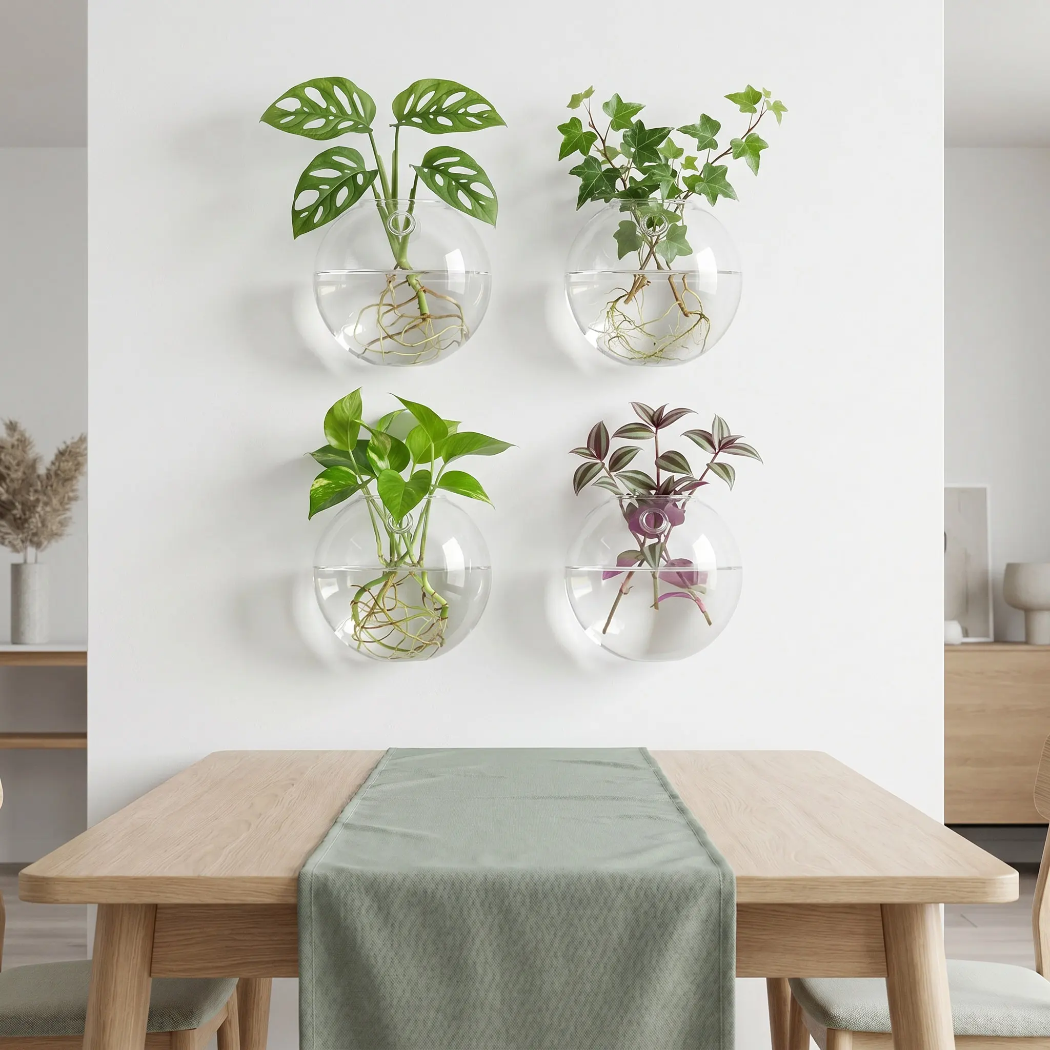 4Pcs Modern Wall Mounted Glass Vase Set Clear Transparent Hanging Vase for Flowers Plants Decor Living Room Bedroom Office