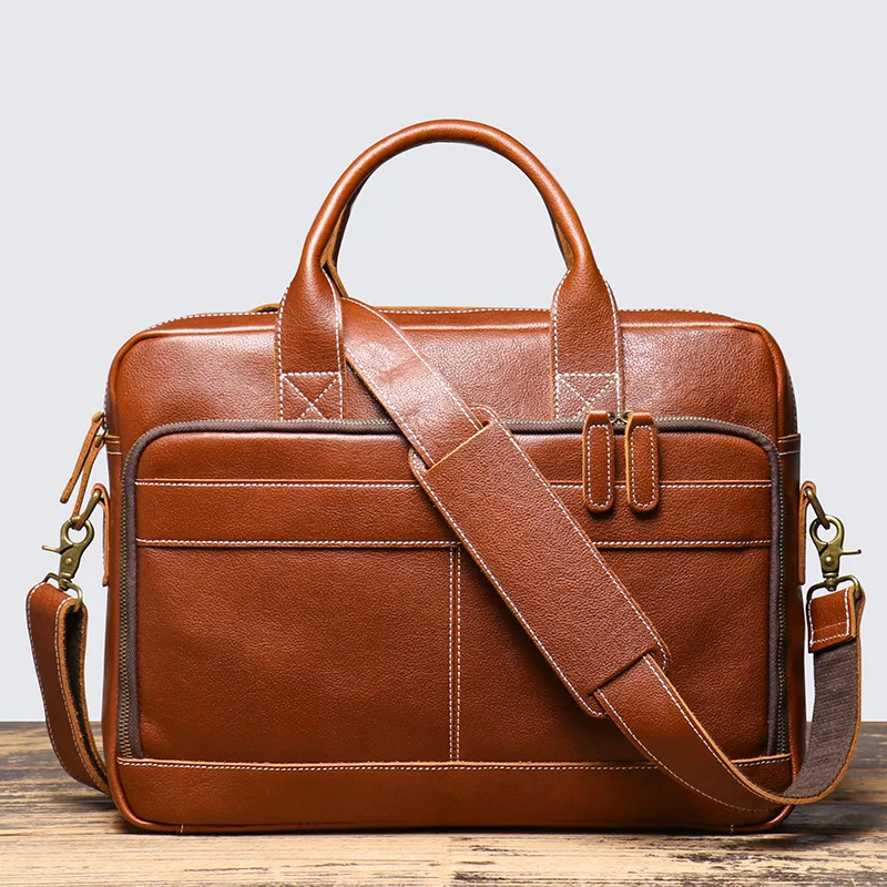 Men's Top Grain Cowhide Laptop Briefcase Spacious Office Bag for Business Commute, Shoulder Carry Computer Bag
