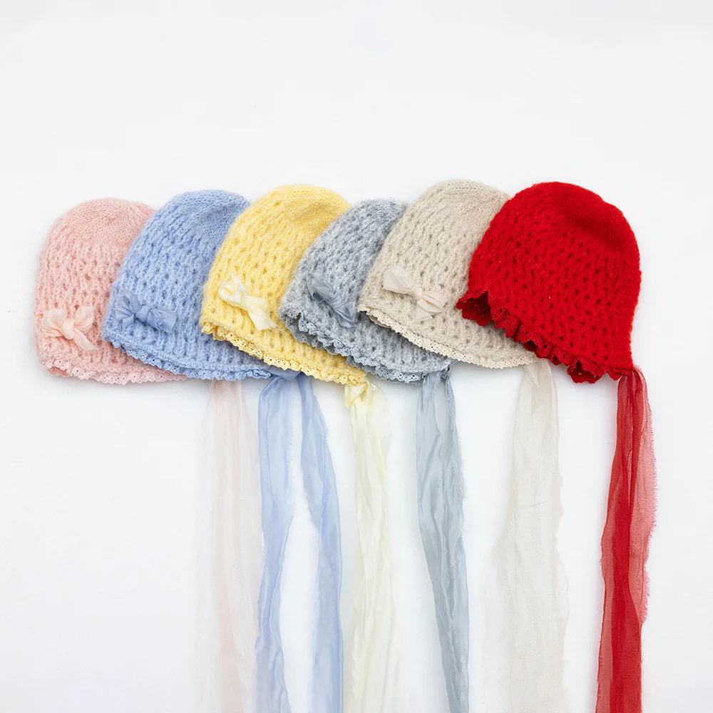 Cute Newborn Photography Hat Soft Breathable Crochet Baby Cap with Bow Decor Handmade Knit Hat Studio Baby Milestone Photo Shoot
