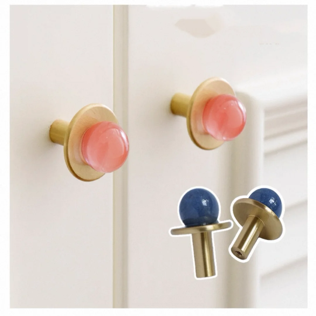 Nordic Style Brass White Single Hole Door Handle Natural Stone Round Furniture Wine Cabinet Drawer Shoe Cabinet Small Handle