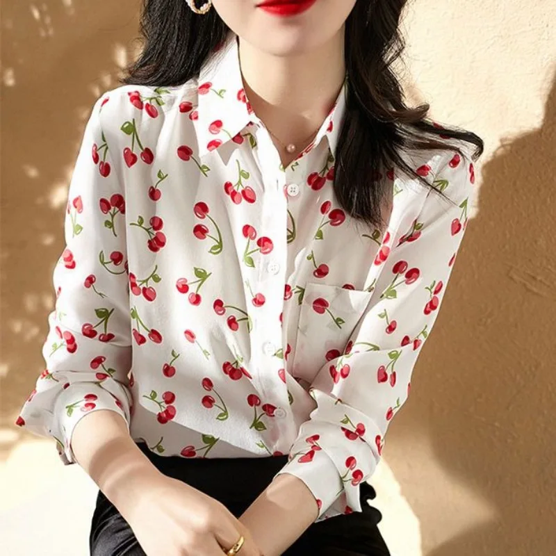 Women Autumn Korean Fashion Cherry Printed Chic Shirts Office Lady Elegant Commute Chiffon Blouses Casual Long Sleeve Loose Tops