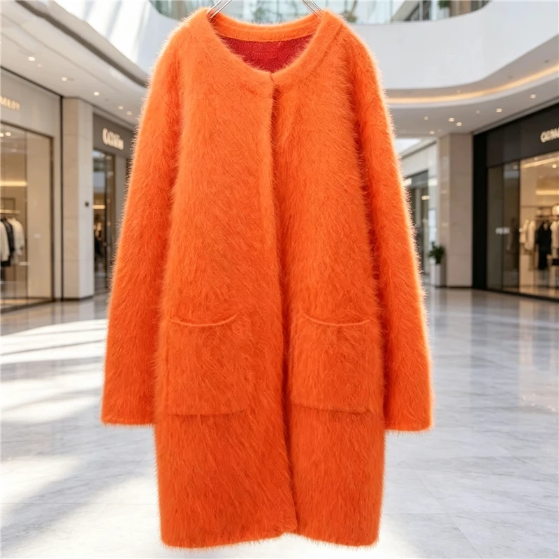 Elegant Fashion Ladies Women Thick Warm Hairy Mink Cashmere Knitted Medium Long Sweater Slim Angora Cardigans Jacket Coat Pull