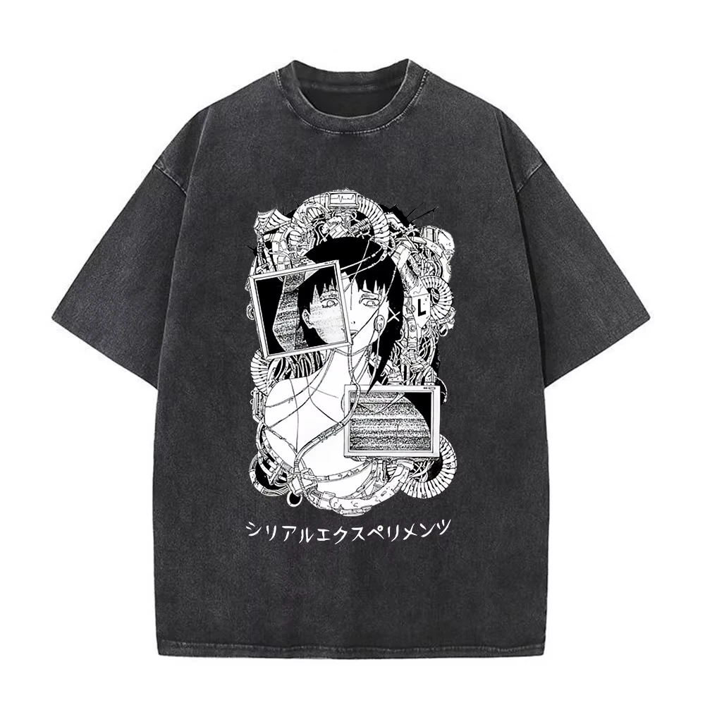 Vintage Washed Casual Short Sleeve T-Shirt Top With Manga Iwakura Lain Print, Sci-Fi Anime Serial Experiments Lain T-shirt