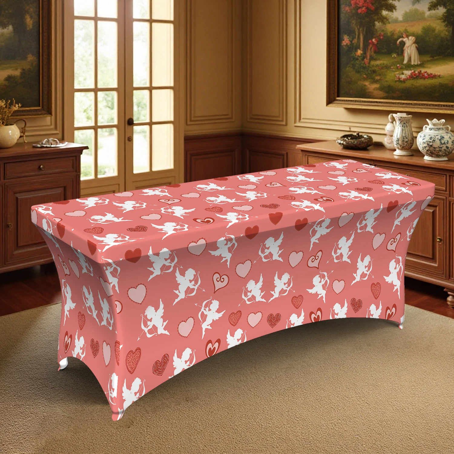 1PC Summer Outdoor Elastic Tablecloth, Romantic Cupid & Heart Pattern Printed, 4/6/8FT Rectangular Stretchable