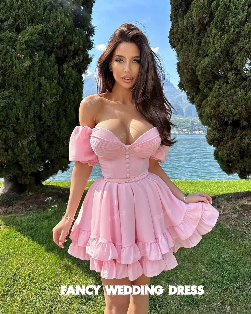 Fancy Sexy Baby Pink Off Shoulder Evening Dress Saudi Arabia A Line Short Sleeve Bridal Gown Satin Birthday Party Dresses