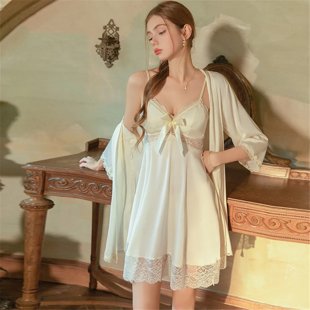 

Женский комплект из двух предметов: халат и ночная сорочка, летнее кимоно, банный халат, сексуальная ночная рубашка с кружевным подолом, повседневное домашнее платье из вискозы, пижама