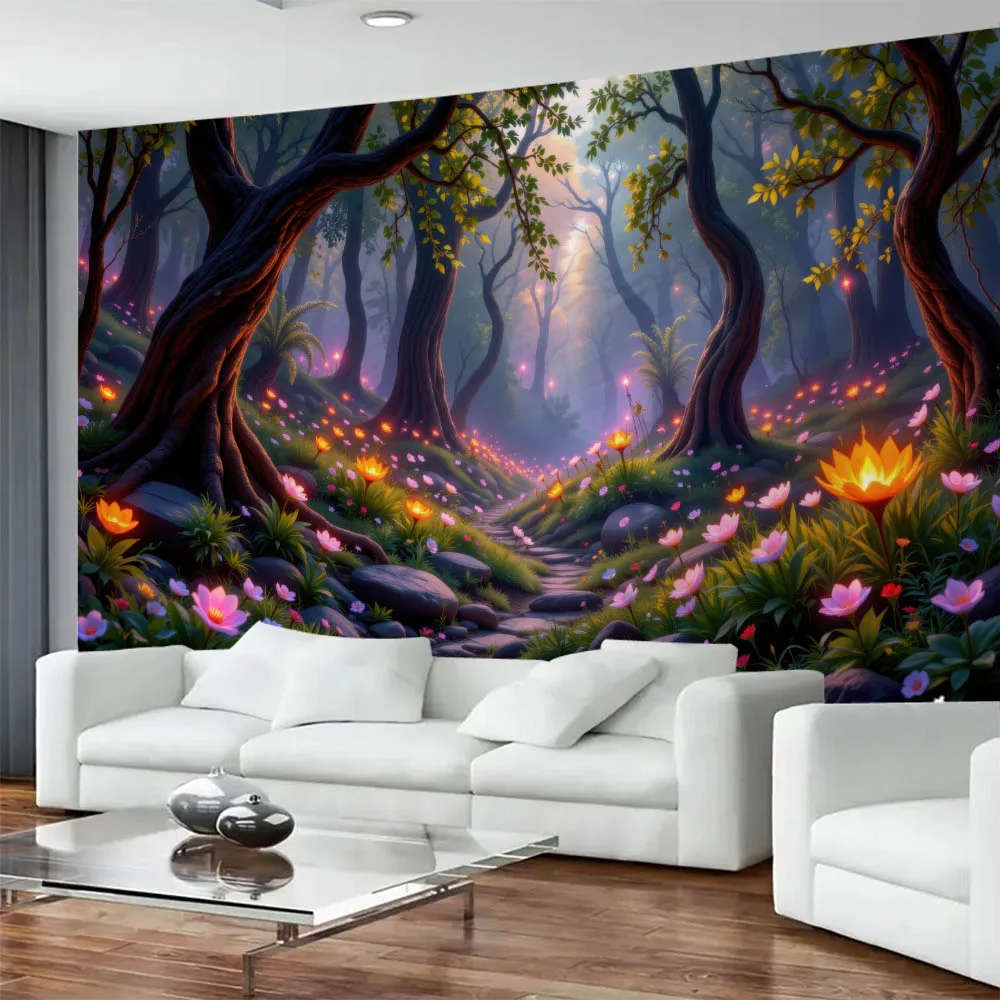 Psychedelic Forest Tapestry Dreamy Fabric Murals with Glowing Flowers for Bedroom Living Room Dormitory Decoration Wonderland Th
