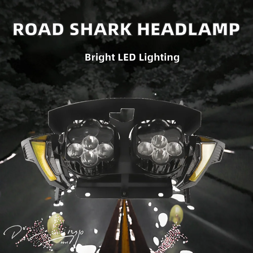 Motorcycle LED DOT ECE Road Shark Style Headlight Turn Signals Bracket Plug Pair 12V Front 14 Lens Custom World For Touring Road