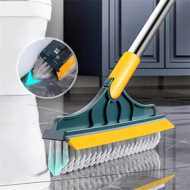 Rotating Floor Scrub Brush Long Handle Windows Squeegee Stiff Bristle Broom Mop 2In1 for Bathroom Kitchen Floor Crevice Cleaning