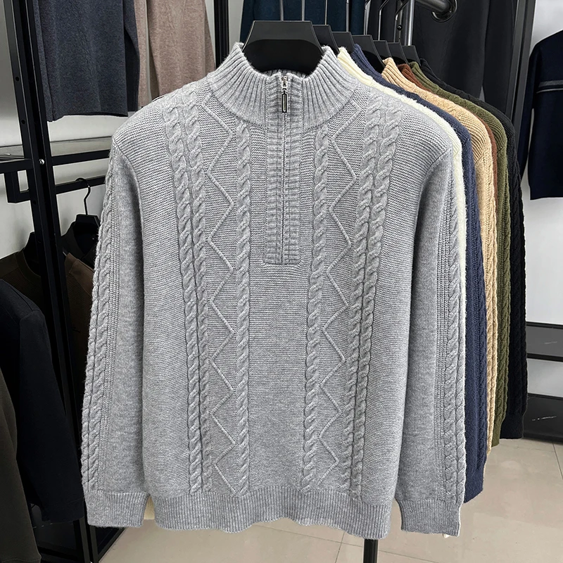 

New Style Men's Woolen Sweater, Half-high Collar Zipper Sweater, Winter Thickened Knitted Pullover, Middle-aged Warm Sweater