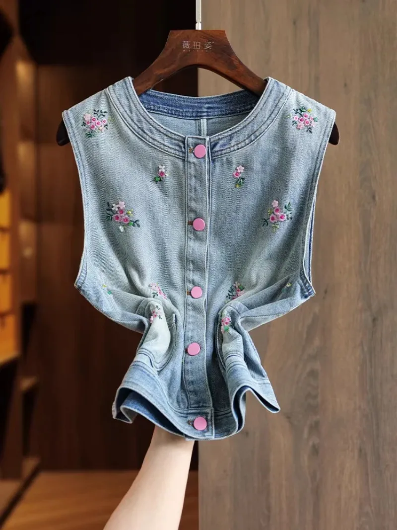 Blaue Baumwoll-Jeansweste für Damen, Schulterstickerei, mehrlagiges Oberteil 2025
