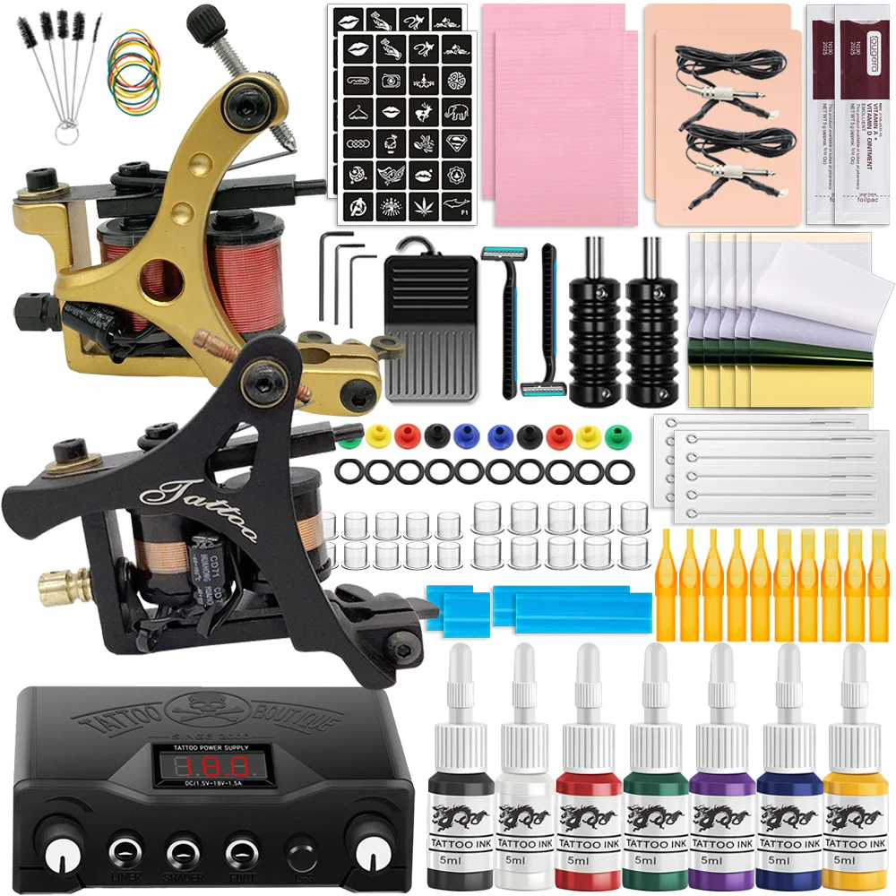 Professional Coil Tattoo Machine Kit Beginner Tattoo Set Tattoo Machine Gun Kit With Tattoo Power Supply Permanent Makeup Tools