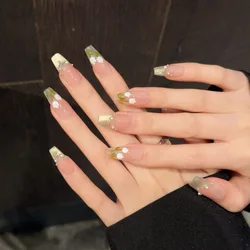 10Pcs Cat's Eye Handmade Fake Nails with Pearl Long Almond Full Cover Nail Tip Tulip Flower Design Wearable Press on False Nails