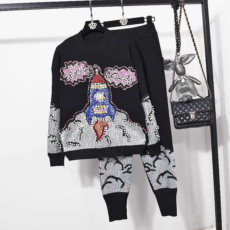 

Luxury Beading Sequins Rocket Women Knitted Suits Spring Fashion Loose O-neck Pullover Sweater Top + Casual Sweatpants Pants Set