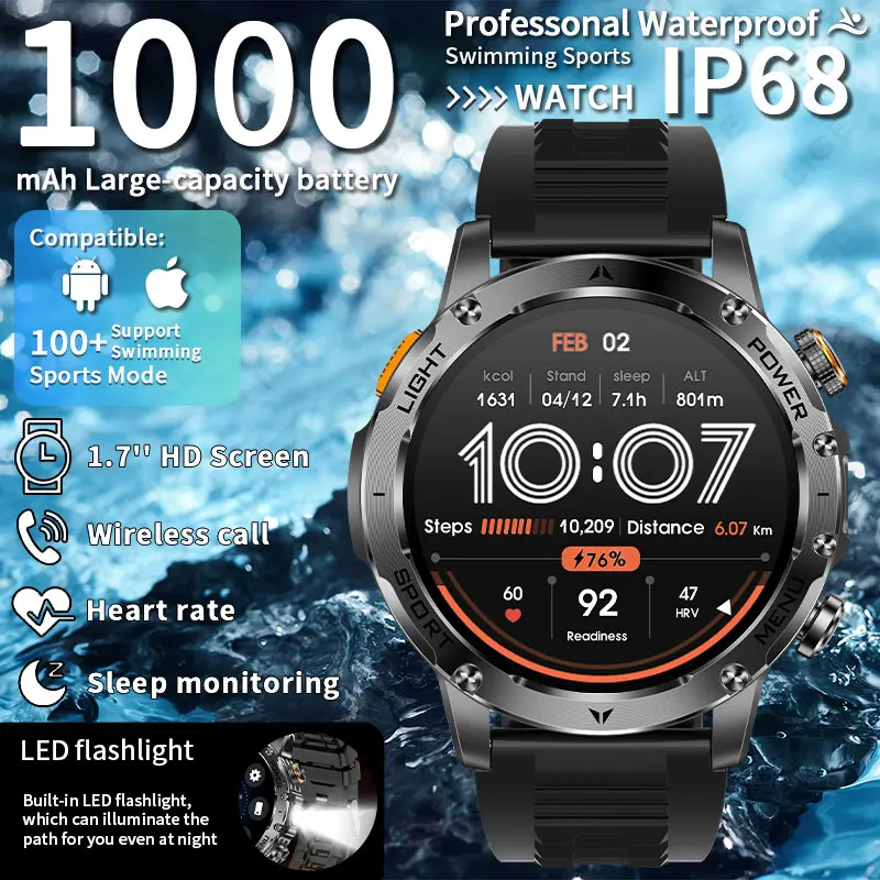 

LIGE 1000mAh Super Capacity Battery Adult Men Smart Watch 1.7-inch Large Screen Bluetooth Call IP68 Waterproof SmartWatch Sports