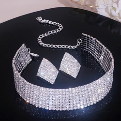 Trendy Shiny Multi-Layer Rhinestone Collar Choker Necklace for Women Elegant Ladies Wedding Short Necklace Earrings Jewelry Set